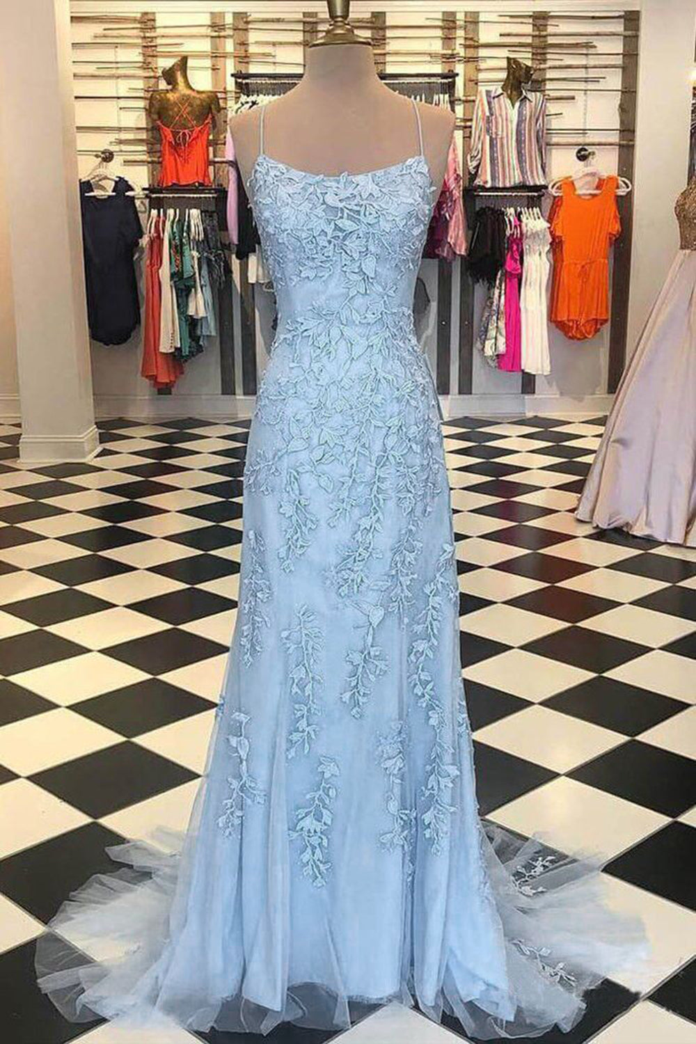 Blue Spaghetti Straps Prom Dress Backless Appliques Mermaid Evening Dress