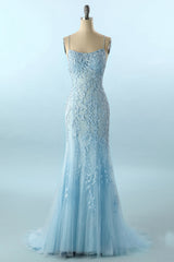 Blue Spaghetti Straps Prom Dress Backless Mermaid Evening Dress