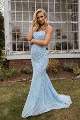 Blue Spaghetti Straps Prom Dress Backless Mermaid Evening Dress