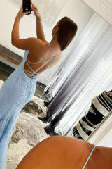 Blue Spaghetti Straps Prom Dress Mermaid Evening Dress With Appliques