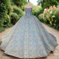 Blue Strapless Quinceanera Dress Corset Ball Gown Sweet 16 Dress with Flowers
