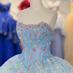 Blue Strapless Quinceanera Dress Corset Ball Gown Sweet 16 Dress with Flowers
