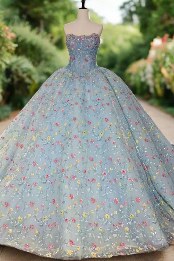 Blue Strapless Quinceanera Dress Corset Ball Gown Sweet 16 Dress with Flowers