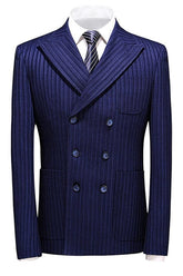 Blue Striped Double Breasted Peaked Lapel Business Suit