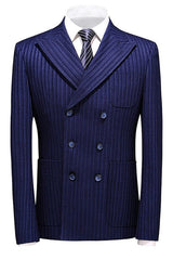 Blue Striped Double Breasted Peaked Lapel Business Suit