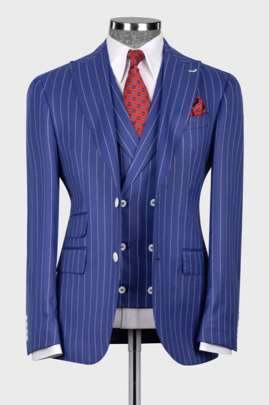Blue Striped Peaked Lapel Three Piece Business Suit for Men