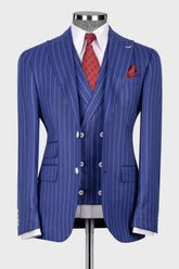 Blue Striped Peaked Lapel Three Piece Business Suit for Men