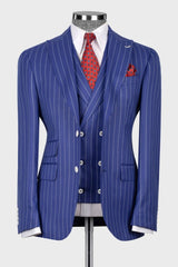 Blue Striped Peaked Lapel Three Piece Business Suit for Men
