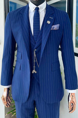 Blue Striped Three Piece Peaked Lapel Business Suit