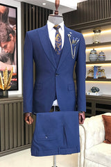 Blue Three Piece Peaked Lapel Business Suit