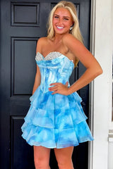 Blue Tiered Homecoming Dresses Corset Short Cocktail Dresses With Beading