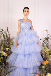 Blue Tiered Prom Dress Sleeveless One Shoulder Ruffled Formal Dress