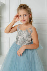 Blue Tulle Beaded Princess Flower Girl Dress with Bowknot