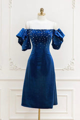 Blue Velvet Formal Dress Mother Of the Bride Dress Beaded Short Cocktail Dress