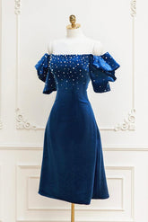 Blue Velvet Formal Dress Mother Of the Bride Dress Beaded Short Cocktail Dress