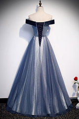 Blue Velvet Formal Dress Off the Shoulder Tulle Long Evening Dress