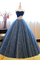 Blue Velvet Formal Dress Sweetheart Neck Tulle Long Prom Gown Sweet 16 Dress Evening Dress