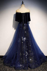 Blue Velvet Formal Dress Tulle Lace Long Evening Dress