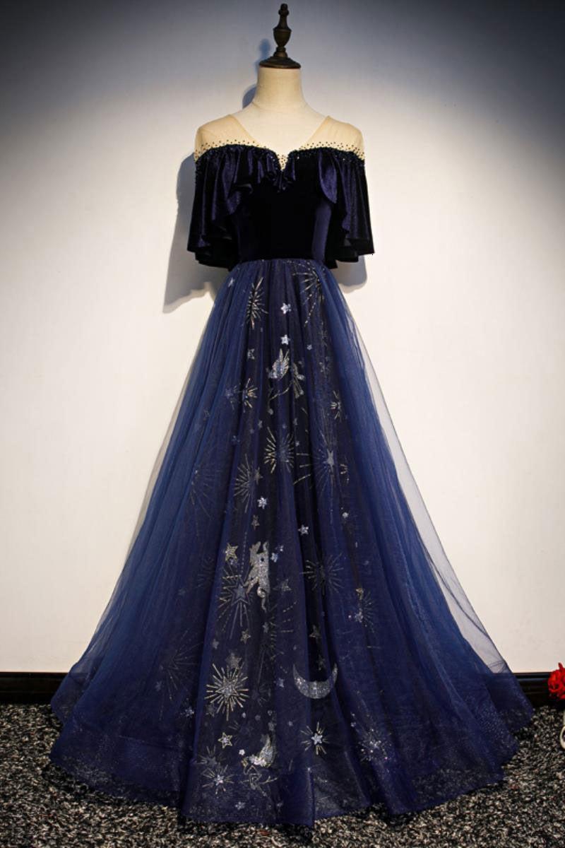 Blue Velvet Formal Dress Tulle Lace Long Evening Dress
