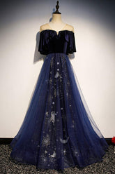 Blue Velvet Formal Dress Tulle Lace Long Evening Dress