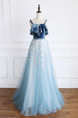 Blue Velvet Formal Dress Tulle Lace Long Evening Dress