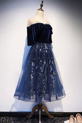 Blue Velvet Formal Dress Tulle Lace Short Evening Dress