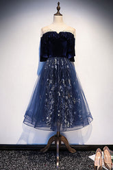 Blue Velvet Formal Dress Tulle Lace Short Evening Dress