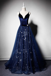 Blue Velvet Formal Dress V Neck Tulle Long Evening Dress