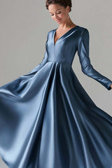 Blue Wedding Guest Dress A-Line V Neck Satin Long Formal Dress With Long Sleeves