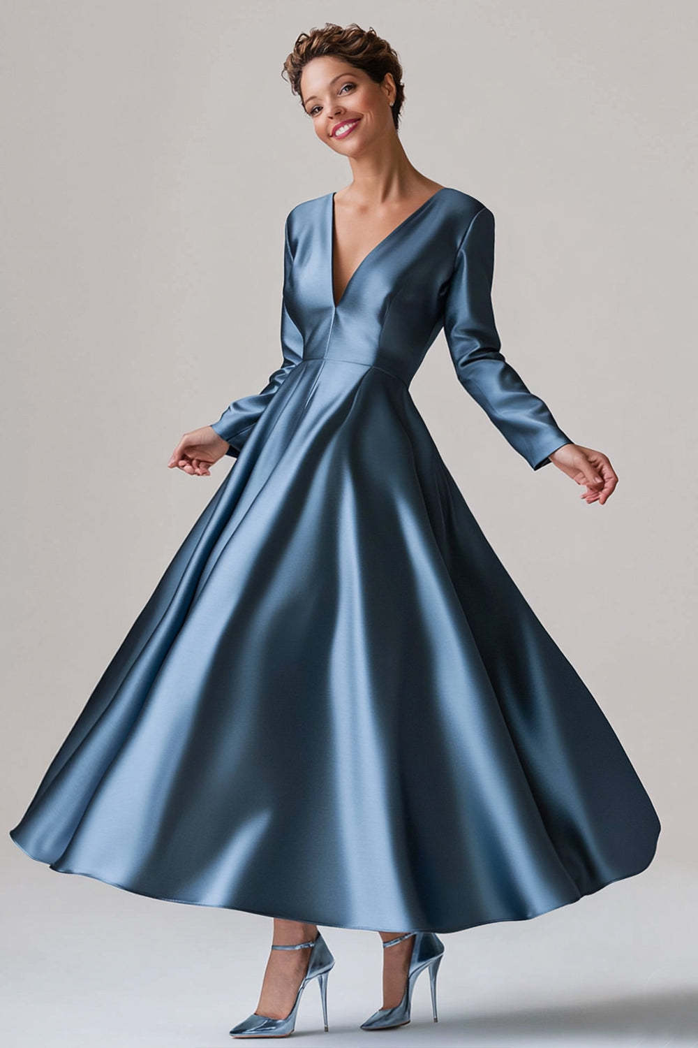 Blue Wedding Guest Dress A-Line V Neck Satin Long Formal Dress With Long Sleeves