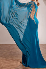 Blue Long Sleeve Mermaid Prom Dress Crew Neck Formal Dress