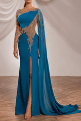 Blue Long Sleeve Mermaid Prom Dress Crew Neck Formal Dress