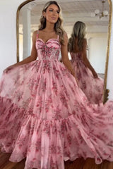 Blush Corset A-Line Floral Long Prom Dress