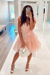 Blush Homecoming Dress Tulle A Line with PearlsShort Party Cocktail Dress