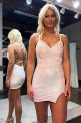 Blush Homecoming Dresses Sequin Backless Tight Short Cocktail Dresses with 3D Flowers