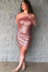 Blush Homecoming Dresses Tight Sequin Cocktail Dresses with Feathers