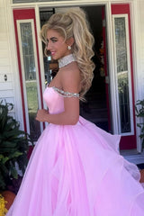 Dressystars Blush Pink Off-The-Shoulder Ball Gown With Crystal Embellishments Formal Evening Gown