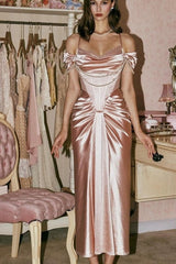 Dressystars Blush Pink Off-The-Shoulder Satin Corset Prom Dress With Pearl Draping Formal Evening Gown