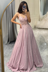 Blush Prom Dress A Line Appliqued Long Corset Evening Dress