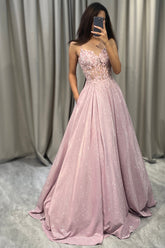 Blush Prom Dress A Line Appliqued Long Corset Evening Dress