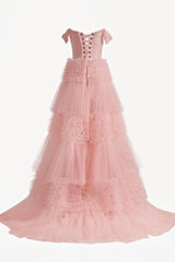 Blush Prom Dress A Line Off the Shoulder Ruffled Tulle Evening Dress
