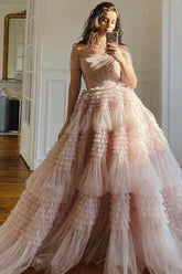 Blush Prom Dress A Line Off the Shoulder Ruffled Tulle Evening Dress
