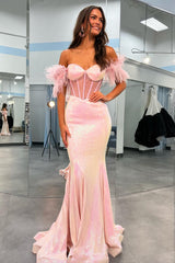 Blush Prom Dress Mermaid Long Corset Evening Dress With Feather
