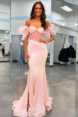 Blush Prom Dress Mermaid Long Corset Evening Dress With Feather