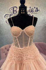 Blushing Pink Prom Dress Tulle Ruffle Layers Lace Up Back A Line Evening Dress