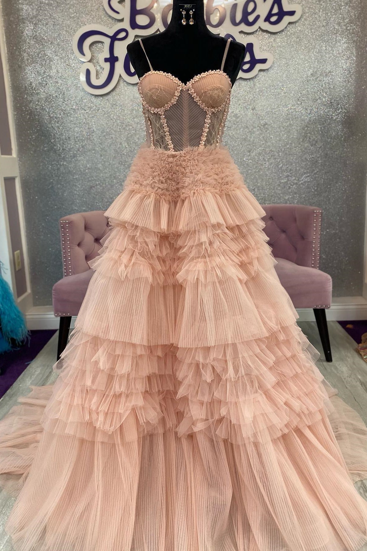 Blushing Pink Prom Dress Tulle Ruffle Layers Lace Up Back A Line Evening Dress