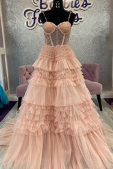 Blushing Pink Prom Dress Tulle Ruffle Layers Lace Up Back A Line Evening Dress