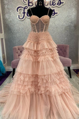 Blushing Pink Prom Dress Tulle Ruffle Layers Lace Up Back A Line Evening Dress