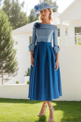Boat Neck 3/4 Sleeve A-Line Princess Dress for Mother of the Bride & Groom with Floral Accent and Belt