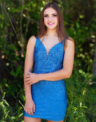 Bodycon Homecoming Dress Blue Delicate Beading Plunging Short Party Cocktail Dress